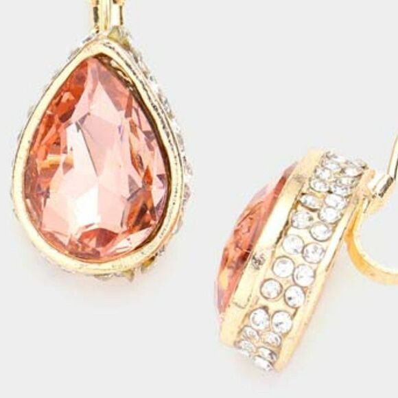 Rhinestone Peach Teardrop Stone Lever Back Gold Evening Earrings - Picture 2 of 5